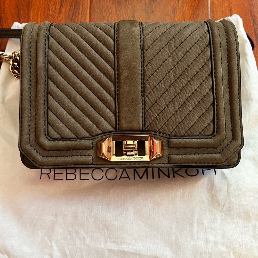 Olive green suede rebecca minkoff small love crossbody purse